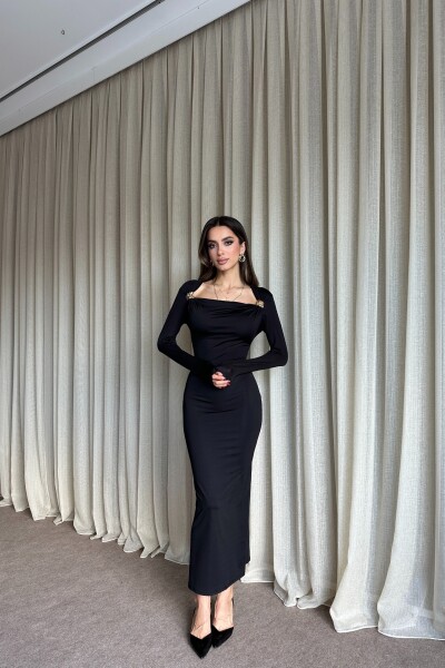 Çift Toka Detaylı Uzun Elbise - Siyah - MAT Collection