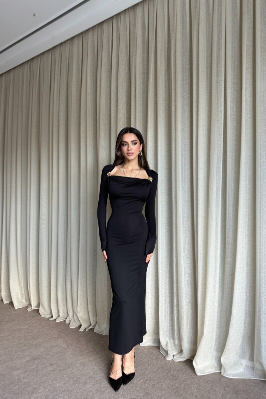 Çift Toka Detaylı Uzun Elbise - Siyah - 2