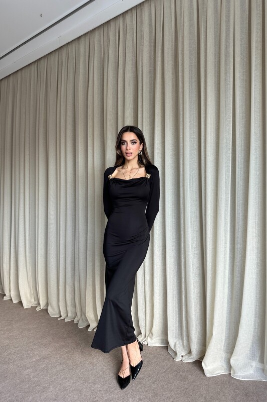 Çift Toka Detaylı Uzun Elbise - Siyah - 3