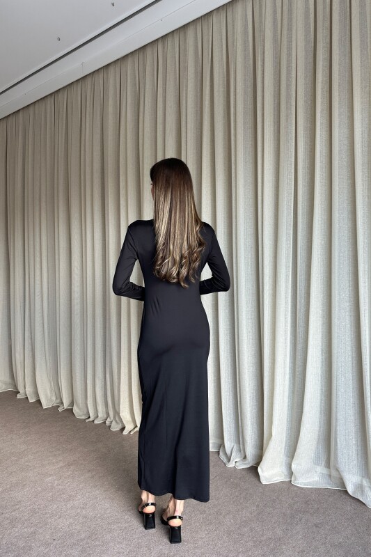Çift Toka Detaylı Uzun Elbise - Siyah - 4
