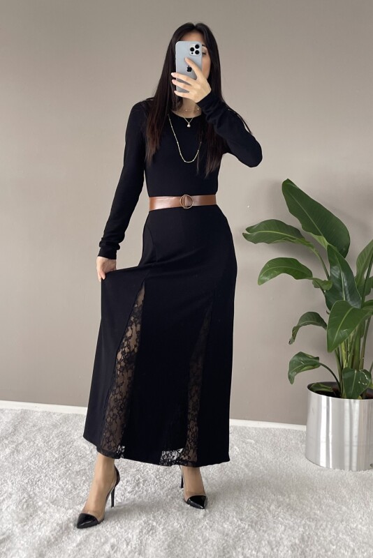 Çift Yırtmaçlı Dantelli Elbise - Siyah - 1