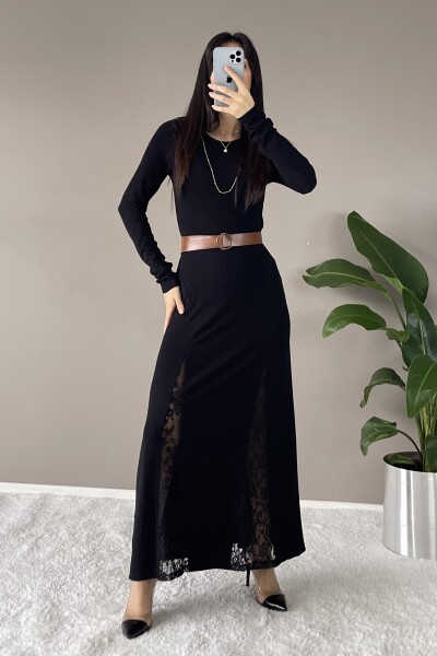 Çift Yırtmaçlı Dantelli Elbise - Siyah - 5