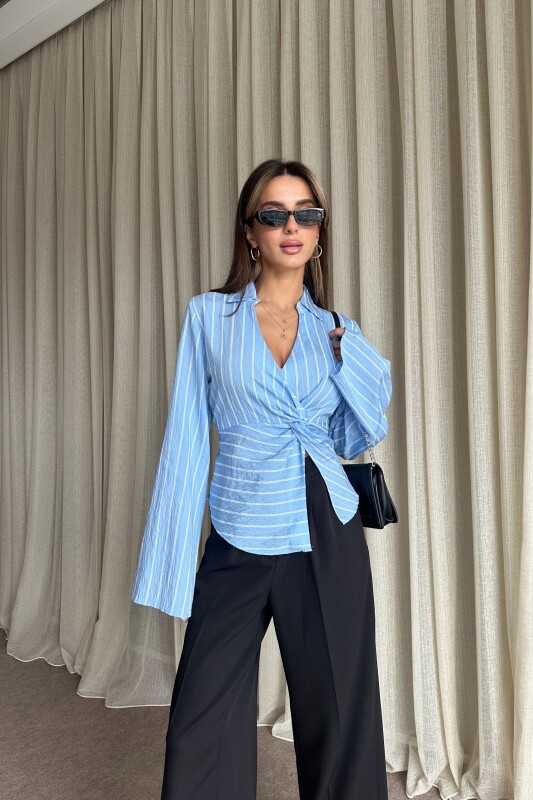 Çizgili Arkadan Bağlamalı Gömlek - Bebe Mavi - 2
