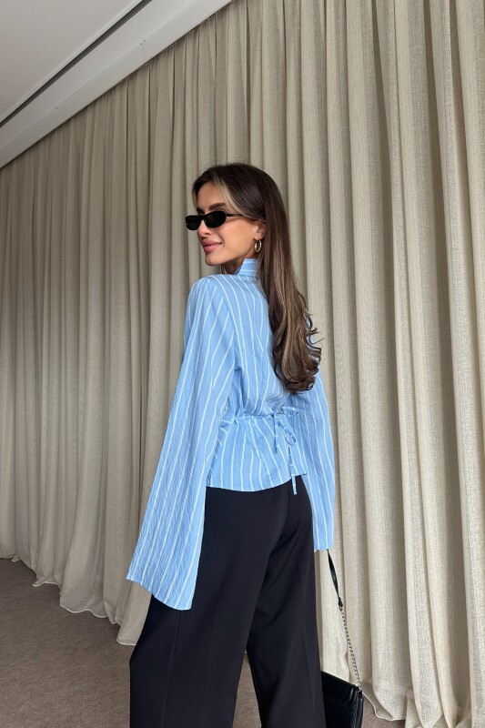 Çizgili Arkadan Bağlamalı Gömlek - Bebe Mavi - 4