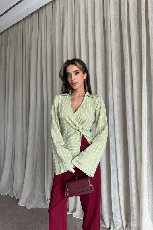 Çizgili Arkadan Bağlamalı Gömlek - Mint Yeşil - 1