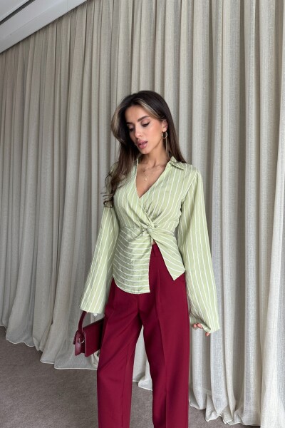 Çizgili Arkadan Bağlamalı Gömlek - Mint Yeşil - 2