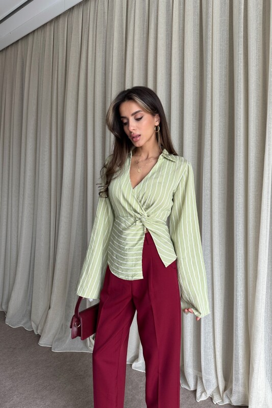 Çizgili Arkadan Bağlamalı Gömlek - Mint Yeşil - 2