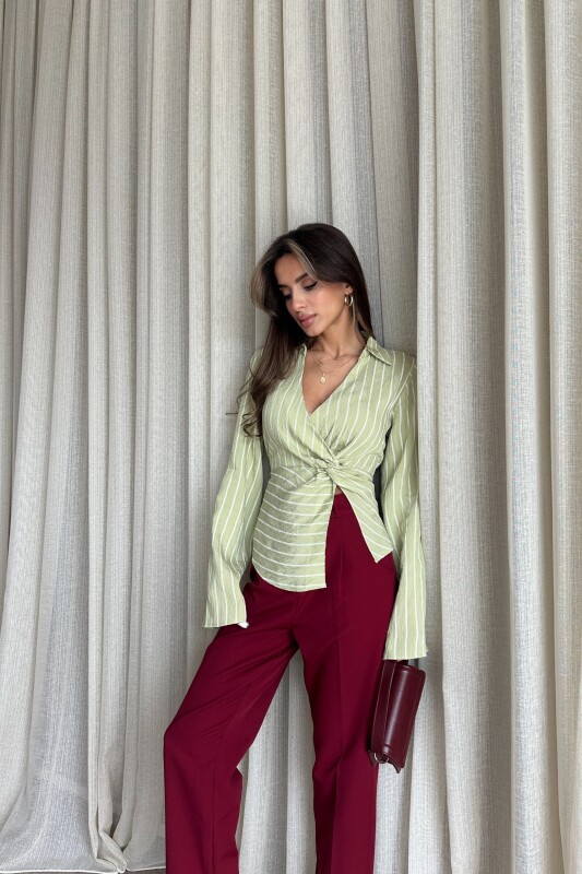 Çizgili Arkadan Bağlamalı Gömlek - Mint Yeşil - 3