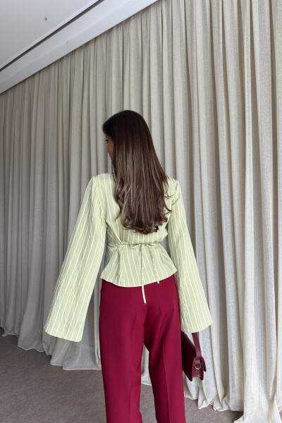 Çizgili Arkadan Bağlamalı Gömlek - Mint Yeşil - 4