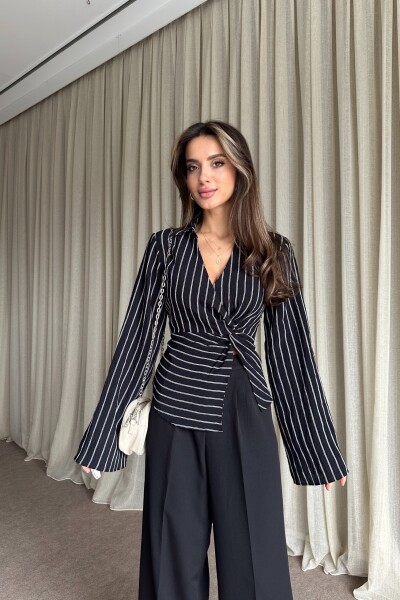 Çizgili Arkadan Bağlamalı Gömlek - Siyah - MAT Collection