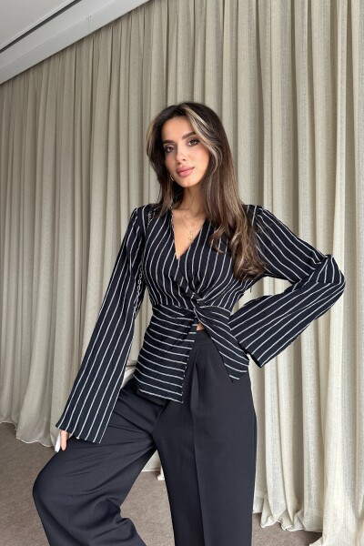 Çizgili Arkadan Bağlamalı Gömlek - Siyah - 2