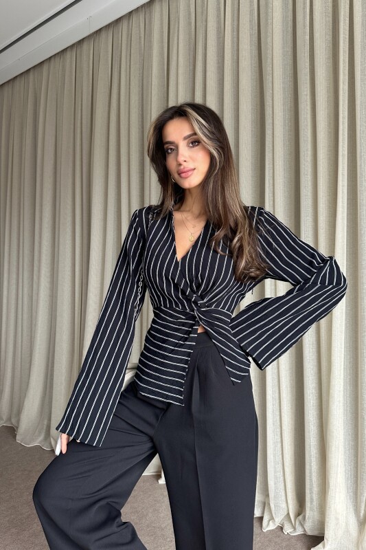 Çizgili Arkadan Bağlamalı Gömlek - Siyah - 2