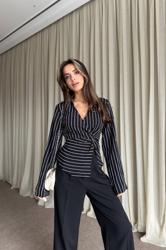 Çizgili Arkadan Bağlamalı Gömlek - Siyah - 3