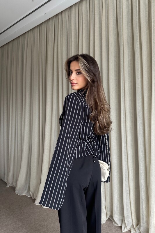 Çizgili Arkadan Bağlamalı Gömlek - Siyah - 4