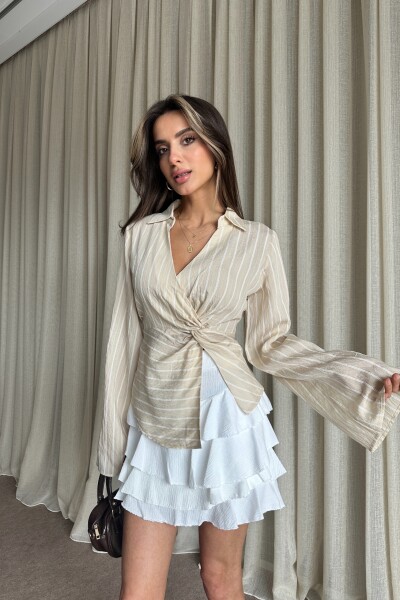 Çizgili Arkadan Bağlamalı Gömlek - Vanilya - 2