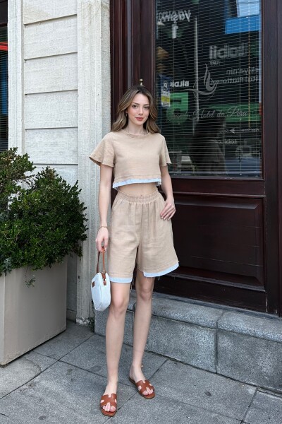 Crop Beli Lastikli Keten İkili Takım - Camel - MAT Collection