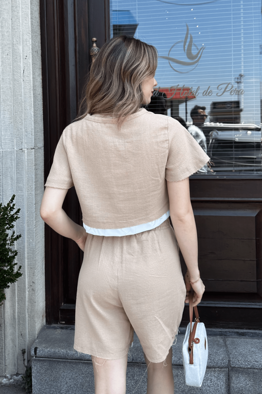 Crop Beli Lastikli Keten İkili Takım - Camel - 4