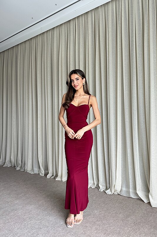 Cup Detaylı Askılı Sandy Uzun Elbise - Bordo - 1