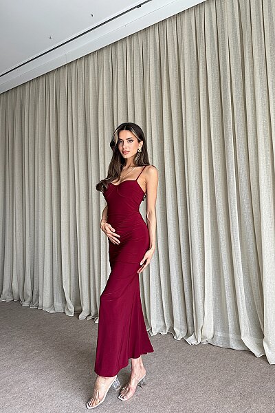 Cup Detaylı Askılı Sandy Uzun Elbise - Bordo - 4