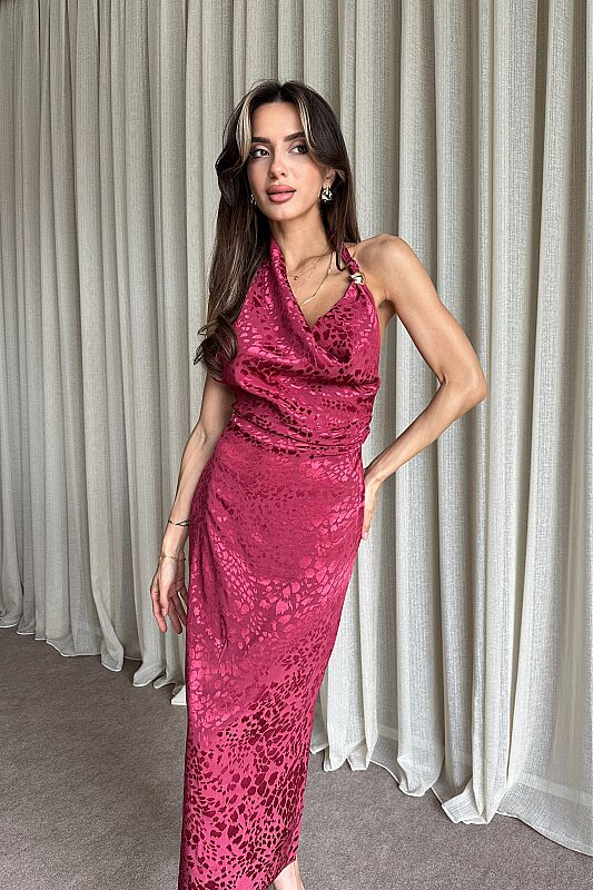 Degaje Yaka Sırt Dekolteli Jakarlı Elbise - Bordo - 3