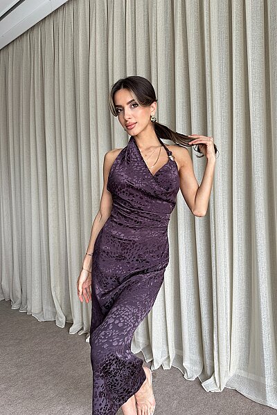 Degaje Yaka Sırt Dekolteli Jakarlı Elbise - Mor - 3