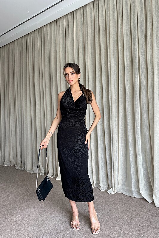 Degaje Yaka Sırt Dekolteli Jakarlı Elbise - Siyah - 1