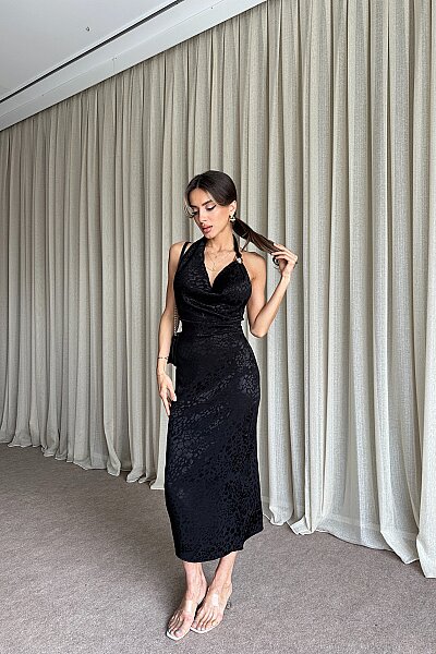 Degaje Yaka Sırt Dekolteli Jakarlı Elbise - Siyah - 2