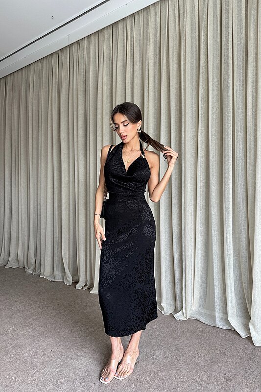 Degaje Yaka Sırt Dekolteli Jakarlı Elbise - Siyah - 2