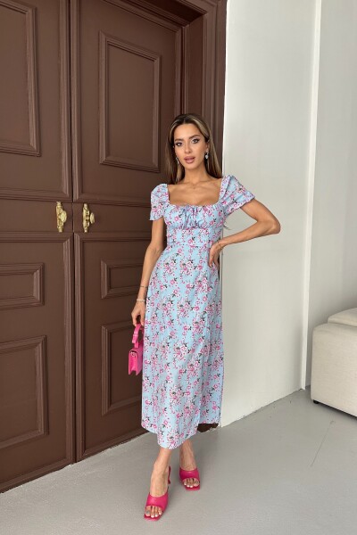 Desenli Yırtmaçlı Astarlı Uzun Elbise - Bebe Mavi - MAT Collection