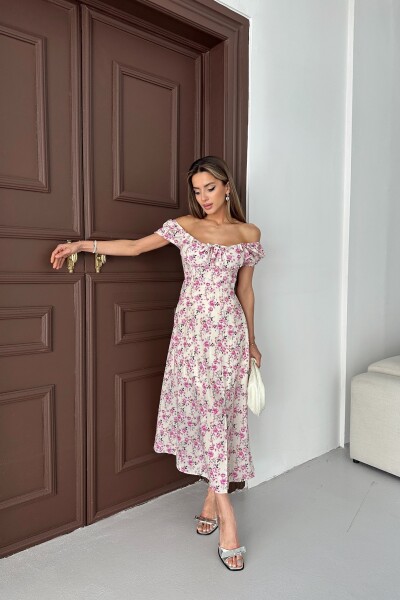 Desenli Yırtmaçlı Astarlı Uzun Elbise - Beyaz - MAT Collection
