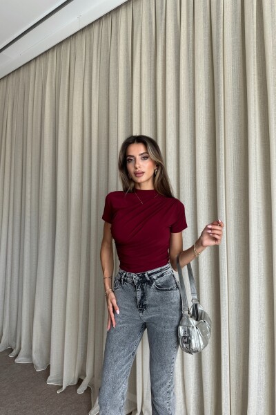 Drapeli Kısa Kollu Bluz - Bordo - MAT Collection