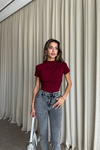 Drapeli Kısa Kollu Bluz - Bordo - 2