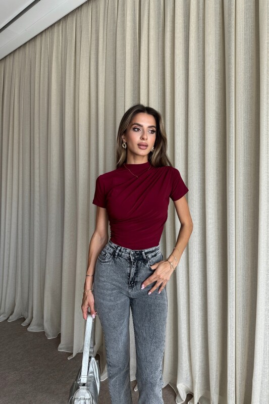 Drapeli Kısa Kollu Bluz - Bordo - 2