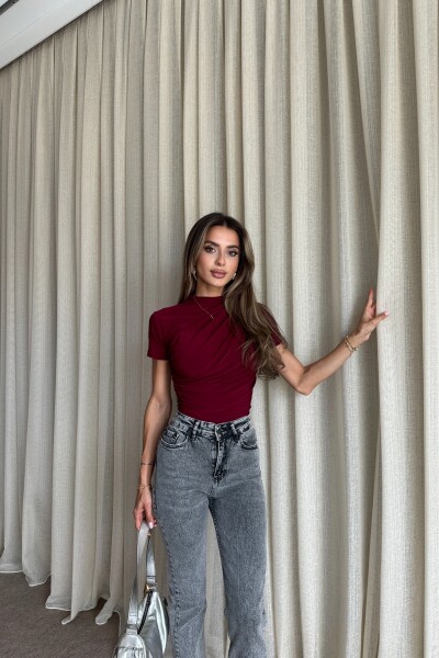 Drapeli Kısa Kollu Bluz - Bordo - 3
