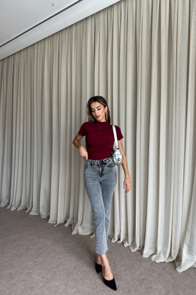 Drapeli Kısa Kollu Bluz - Bordo - 4