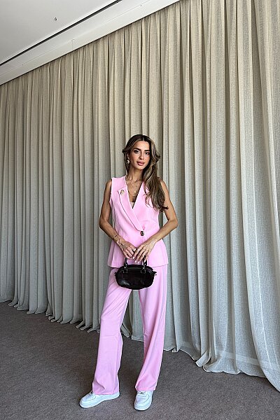Düğme Detaylı Kruvaze Yaka Takım - Pembe - MAT Collection