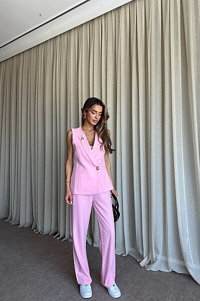 Düğme Detaylı Kruvaze Yaka Takım - Pembe - 2