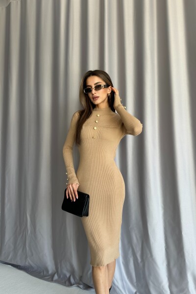 Düğme Detaylı Triko Elbise - Bej - 2