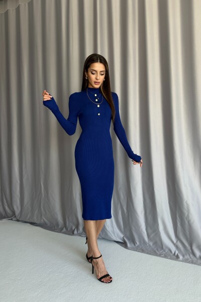 Düğme Detaylı Triko Elbise - Saks Mavi - 3