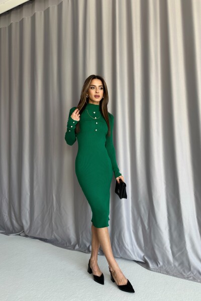 Düğme Detaylı Triko Elbise - Yeşil - 3