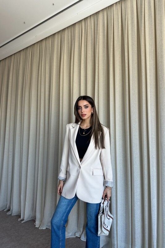 Düğmeli Astarlı Blazer Ceket - Bej - 2