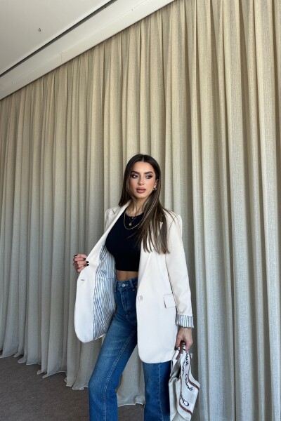 Düğmeli Astarlı Blazer Ceket - Bej - 3
