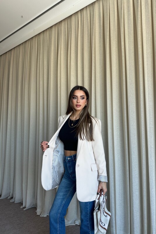 Düğmeli Astarlı Blazer Ceket - Bej - 3