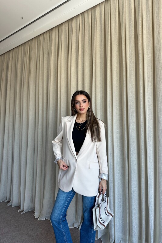 Düğmeli Astarlı Blazer Ceket - Bej - 4