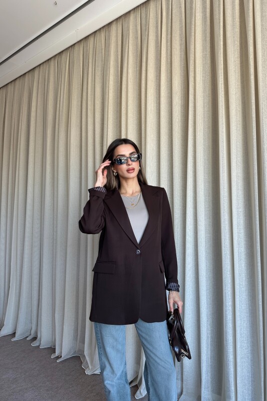 Düğmeli Astarlı Blazer Ceket - Kahve - 2