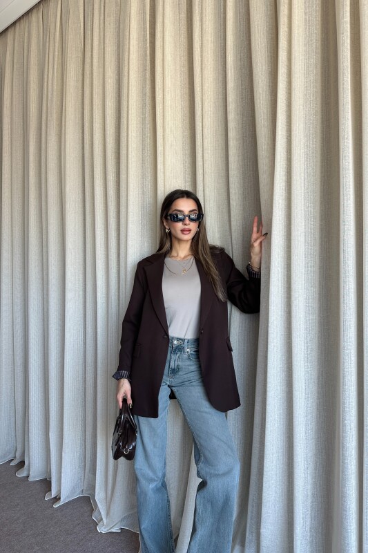 Düğmeli Astarlı Blazer Ceket - Kahve - 3
