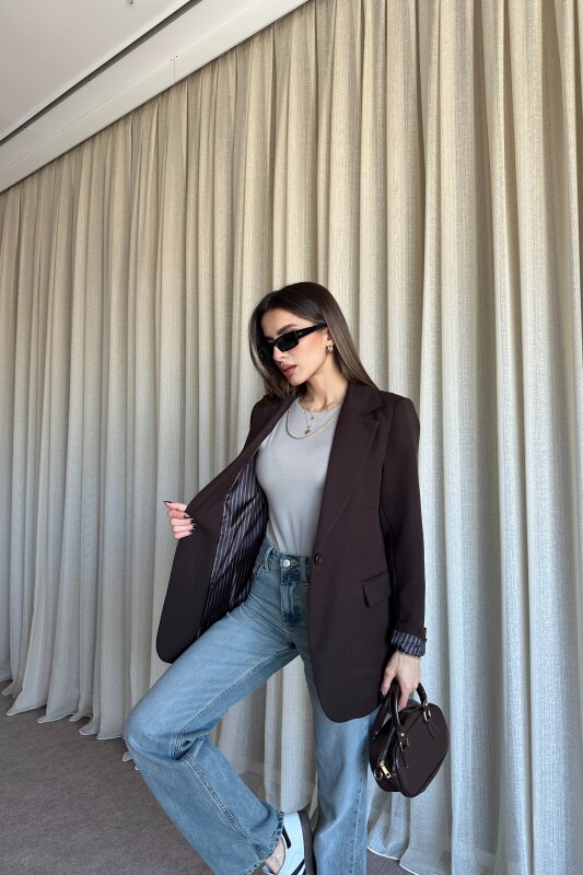 Düğmeli Astarlı Blazer Ceket - Kahve - 4