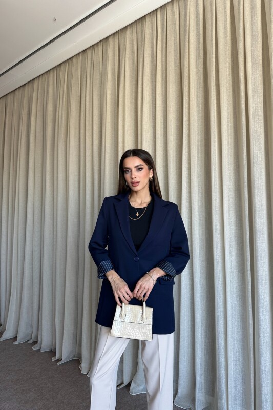 Düğmeli Astarlı Blazer Ceket - Lacivert - 1