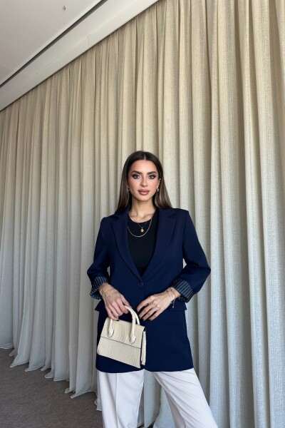 Düğmeli Astarlı Blazer Ceket - Lacivert - 2