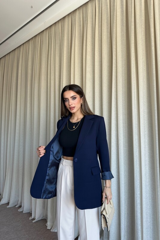 Düğmeli Astarlı Blazer Ceket - Lacivert - 3